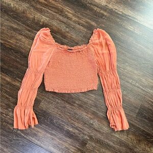 wild fable Coral Orange Smocked Long-Sleeve Crop Top